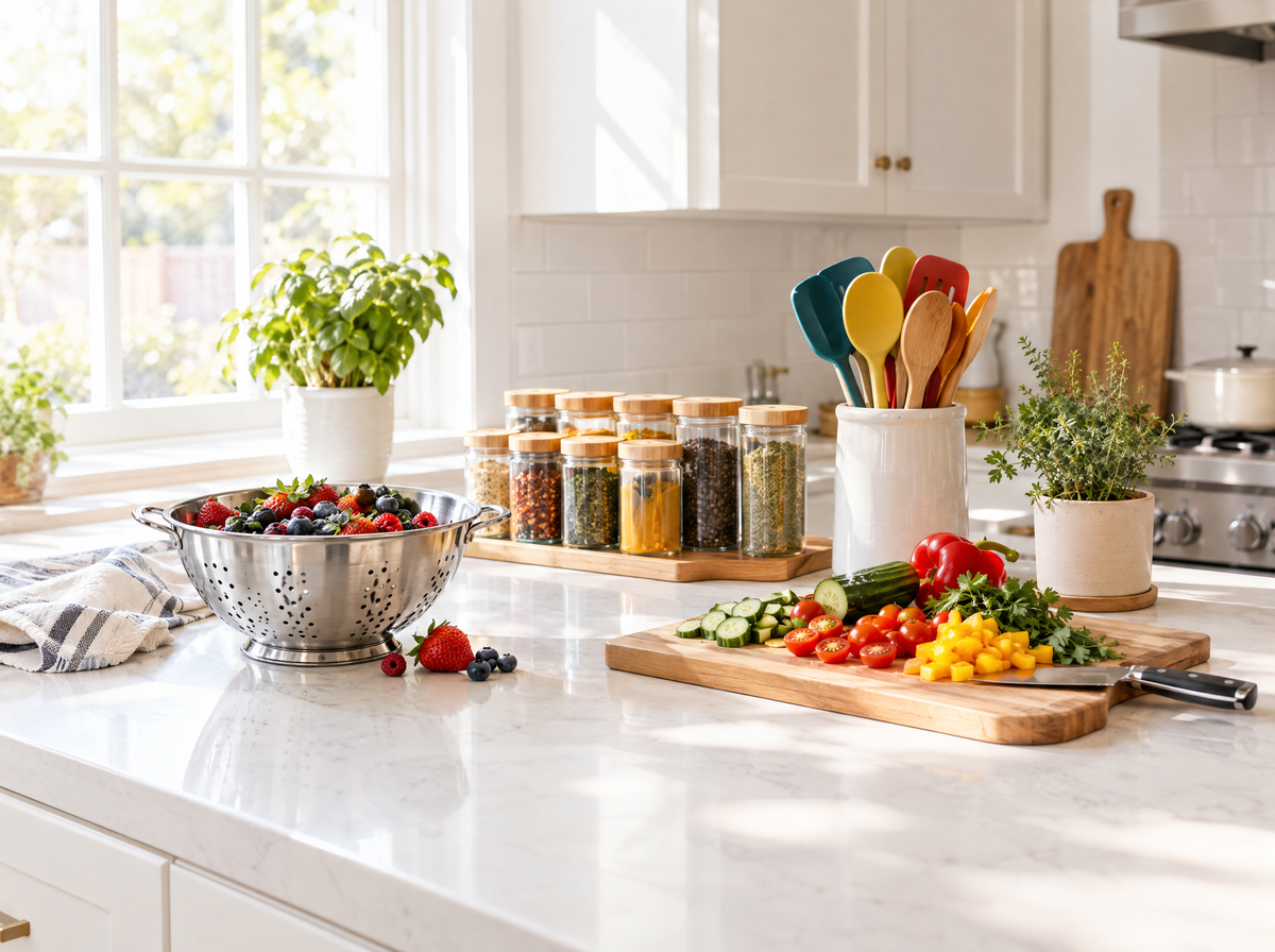 Bright modern kitchen with spice jars, colander and fresh vegetables