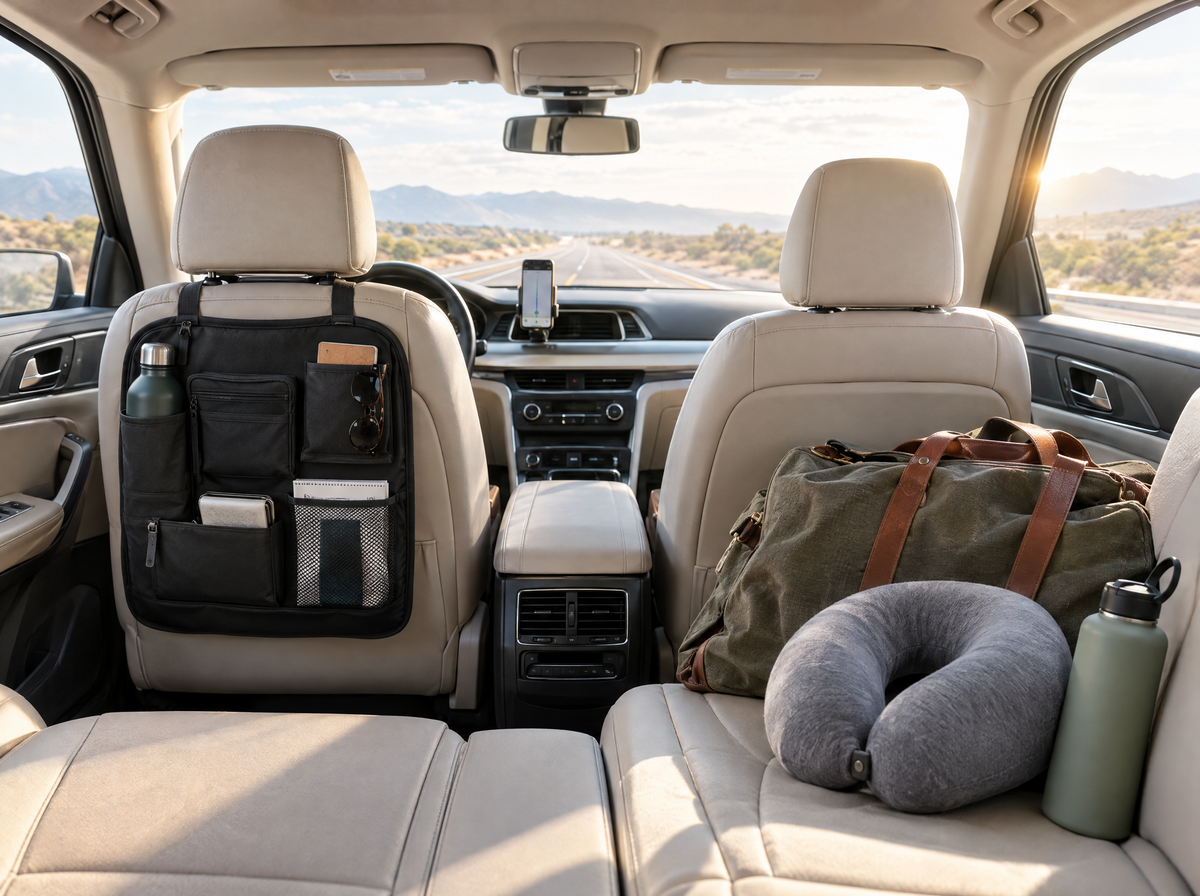 Organized car interior with back seat organizer, phone mount and travel pillow