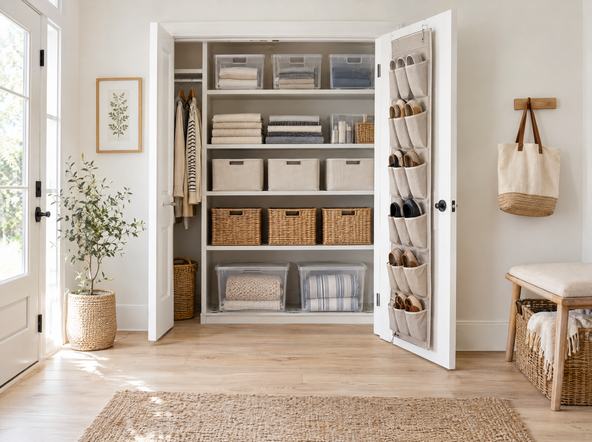 Organized closet with storage bins, baskets and over-the-door shoe organizer