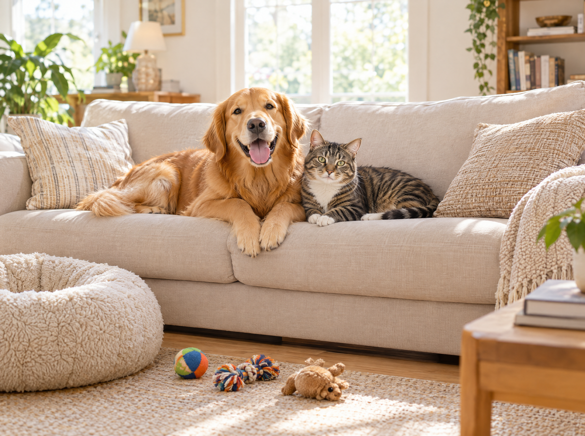 Golden retriever and tabby cat relaxing on a sofa with a pet bed and toys