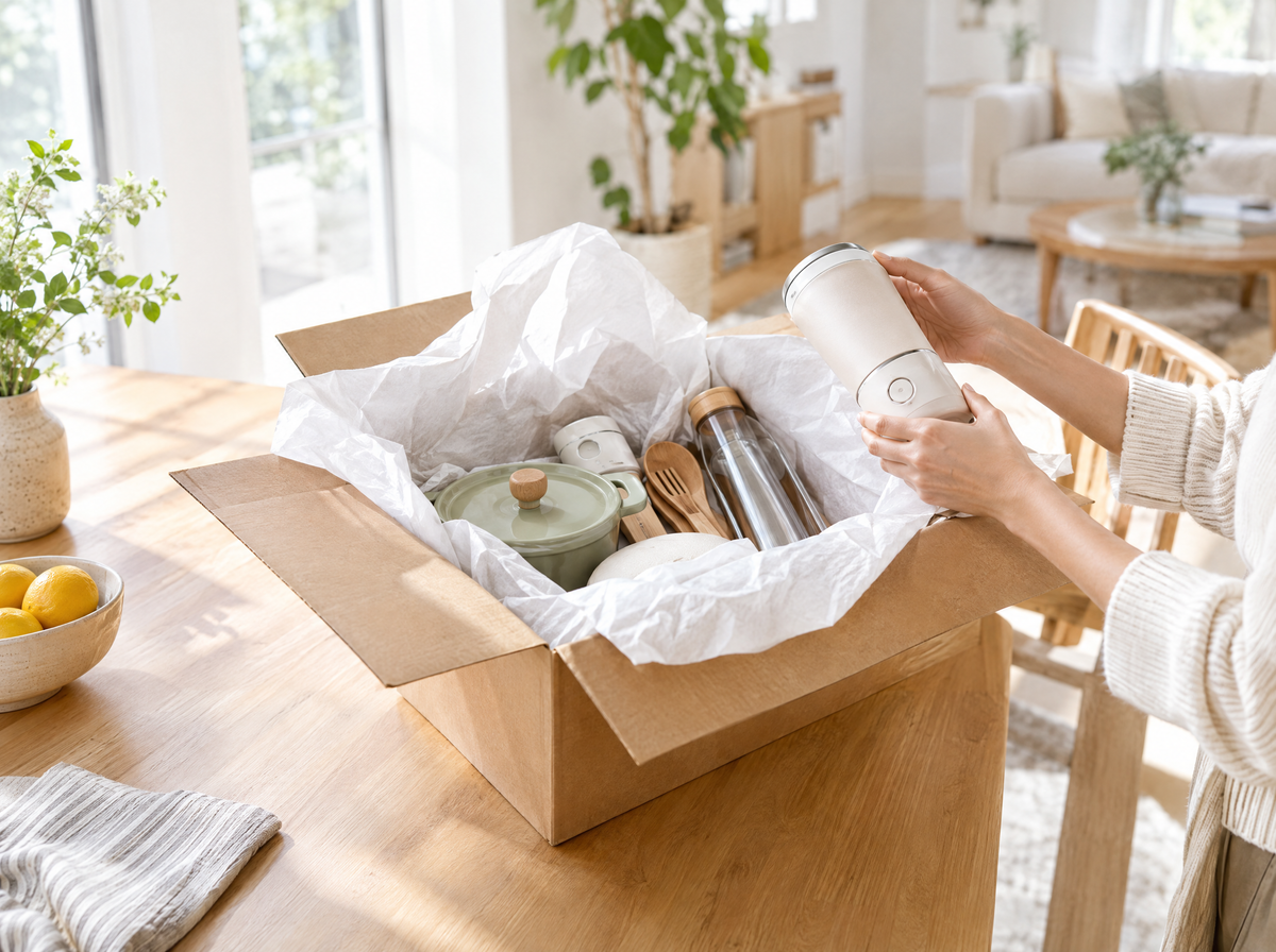 Unboxing new home and kitchen finds from a shipping box