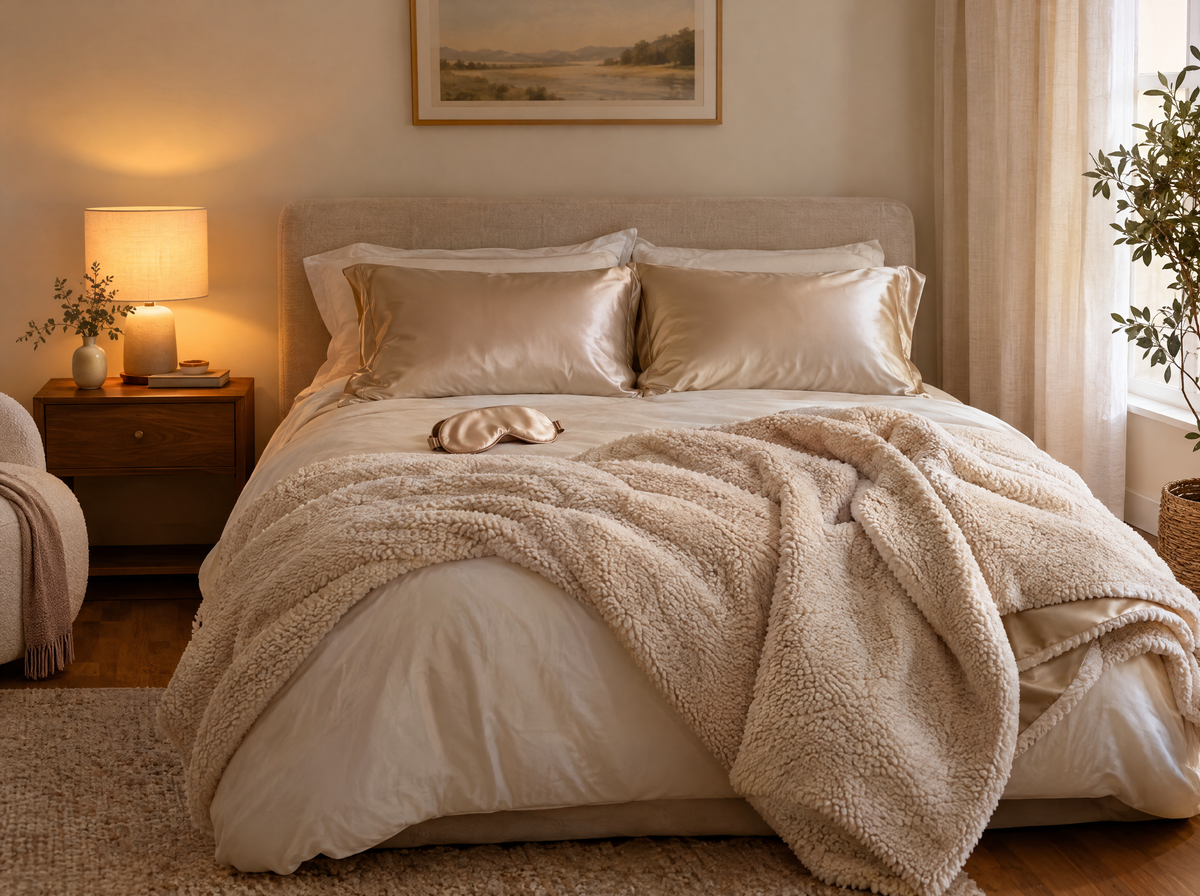 Cozy bedroom with satin pillowcases, sherpa throw and warm table lamp