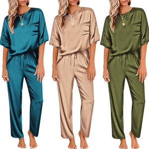 Women's Satin Pajama Set – Short Sleeve Top & Long Pants