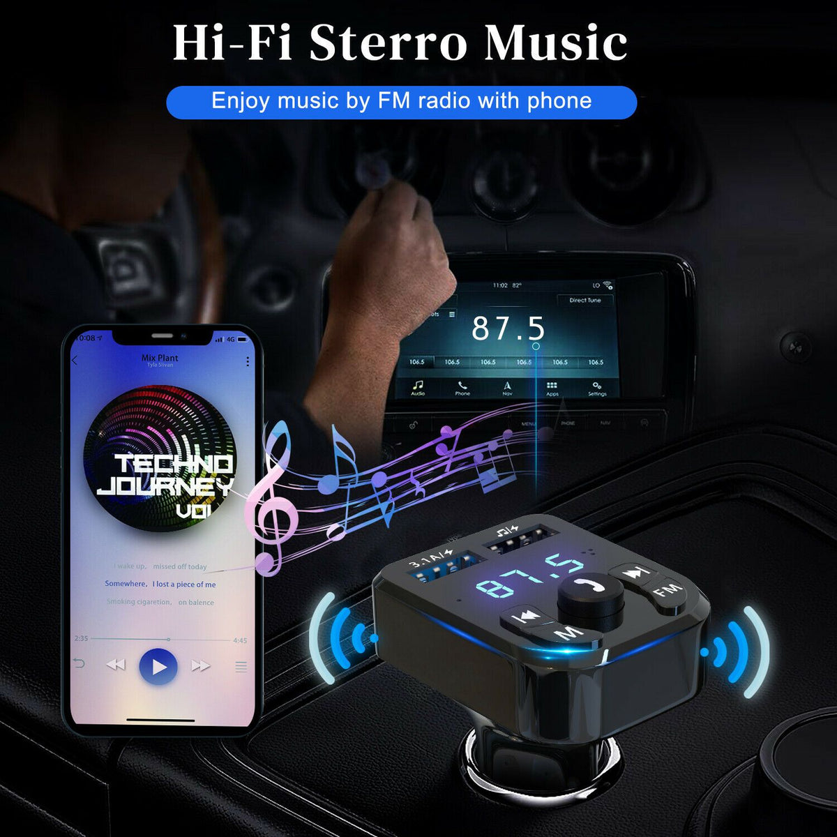 Bluetooth FM Transmitter & USB Car Charger – Hands-Free Calling