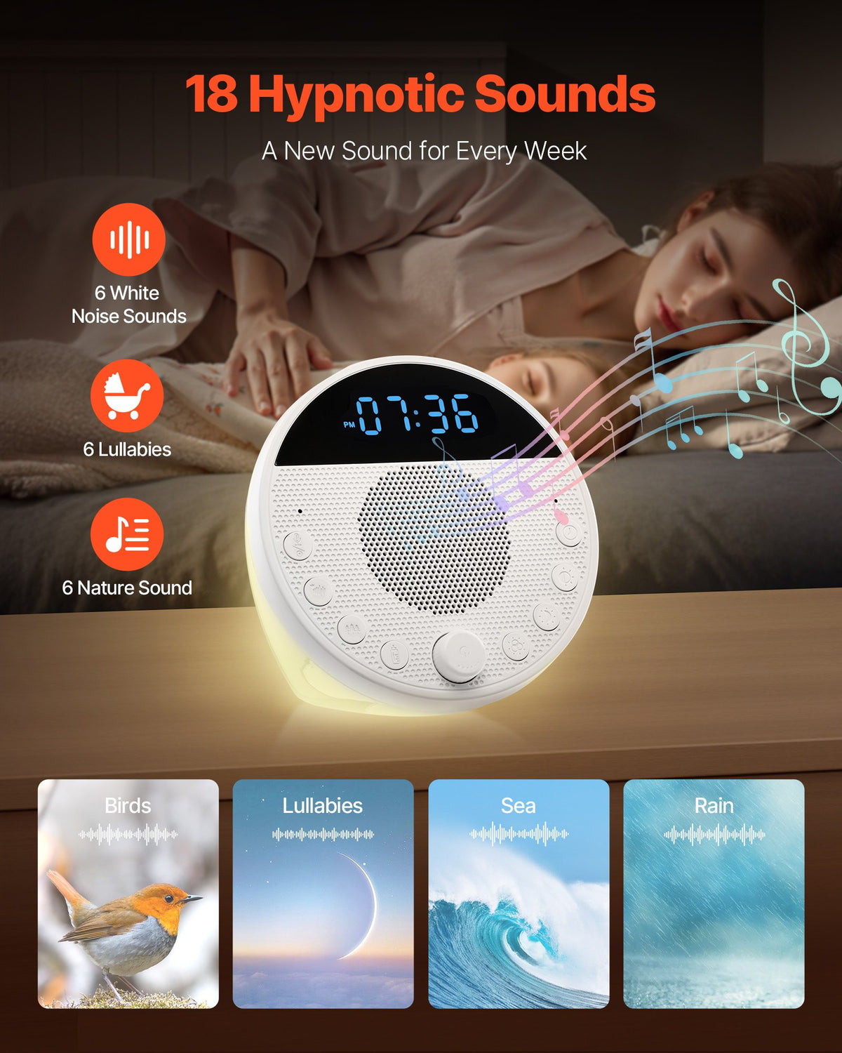 White Noise Sound Machine with Night Light – 18 Sounds – image 3