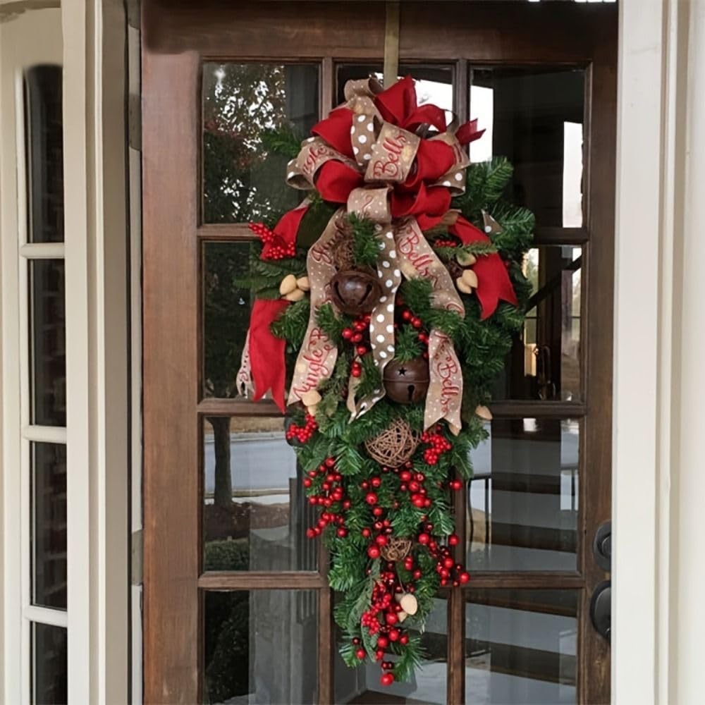 Teardrop Christmas Door Swag with Bows & Jingle Bells – view 4