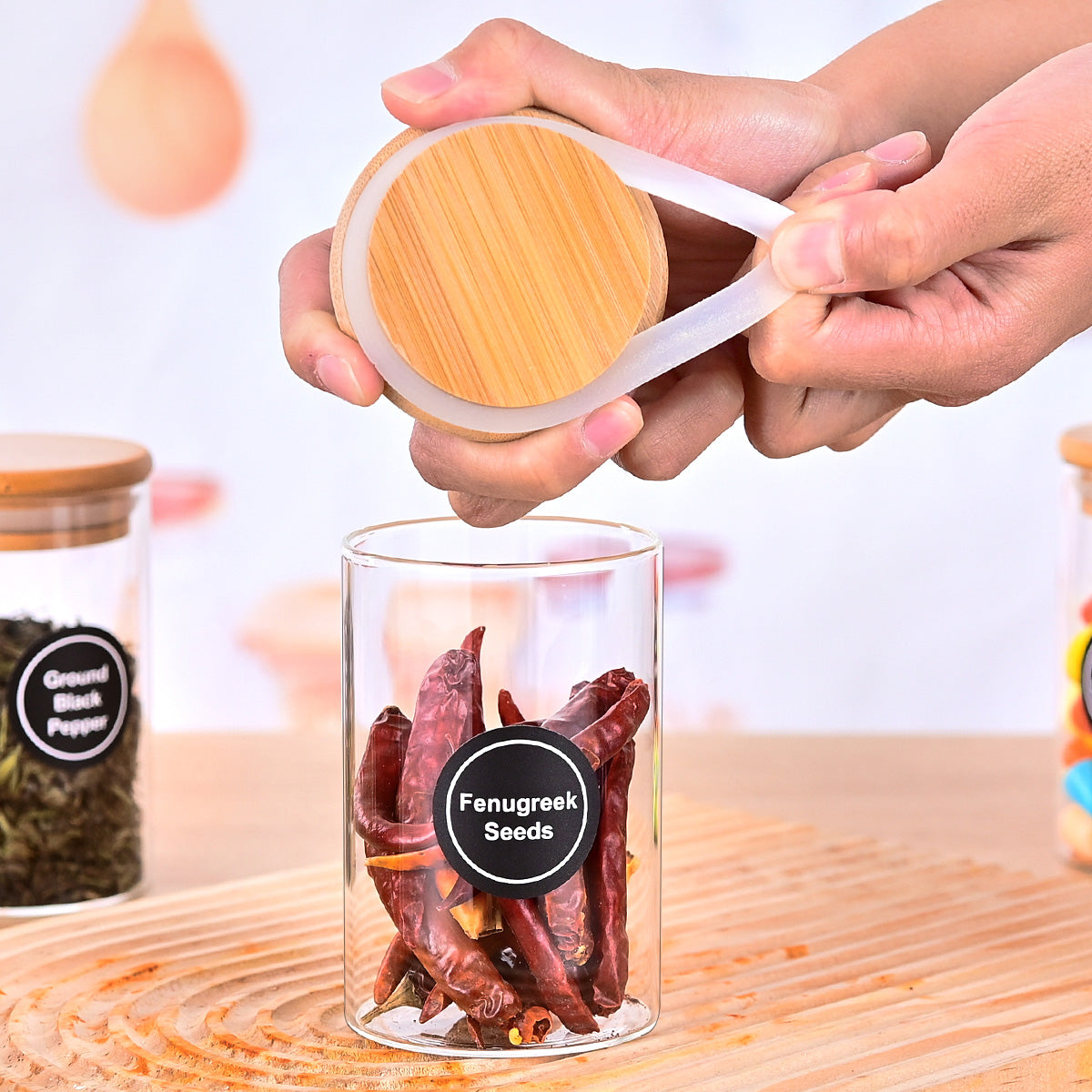12-Piece Glass Spice Jars with Bamboo Lids & Labels – image 4