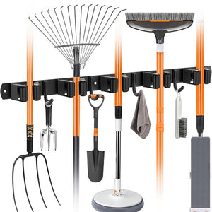 Wall-Mounted Broom & Mop Holder – 5 Slots, 4 Hooks