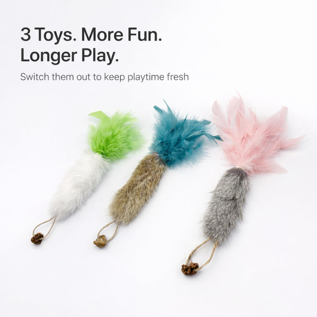 3-Pack Rabbit Fur Catnip Toys with Feathers - packaging contents