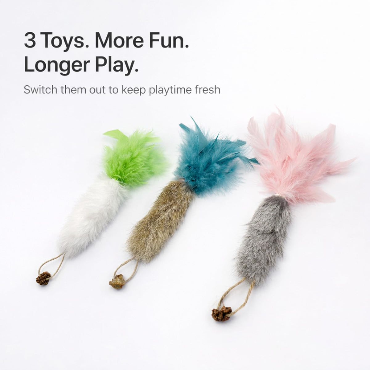 3-Pack Rabbit Fur Catnip Toys with Feathers - packaging contents