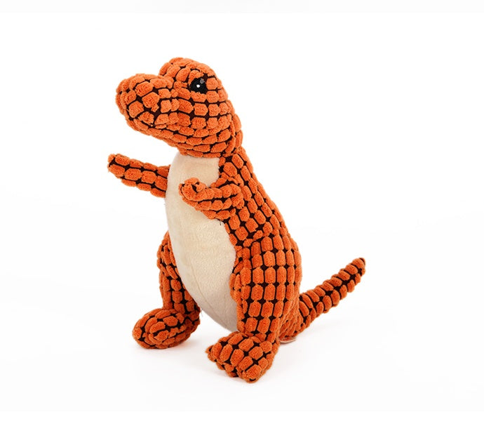 Plush Dinosaur Squeaky Dog Toy - lifestyle photo with pet