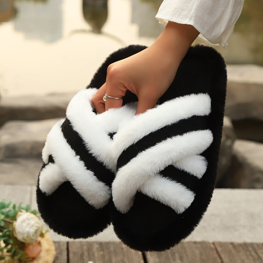 Fluffy Cross-Band Slippers – Plush Open-Toe House Slippers