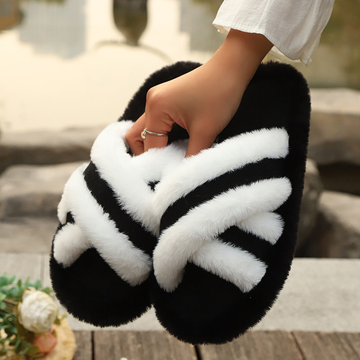 Fluffy Cross-Band Slippers – Plush Open-Toe House Slippers