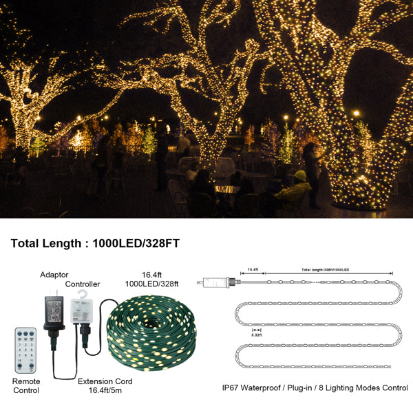 328 ft Warm White String Lights – 1000 LED, Indoor/Outdoor