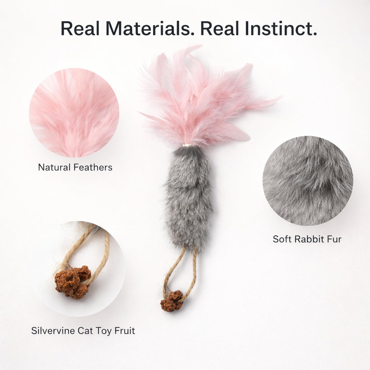 3-Pack Rabbit Fur Catnip Toys with Feathers - close-up view