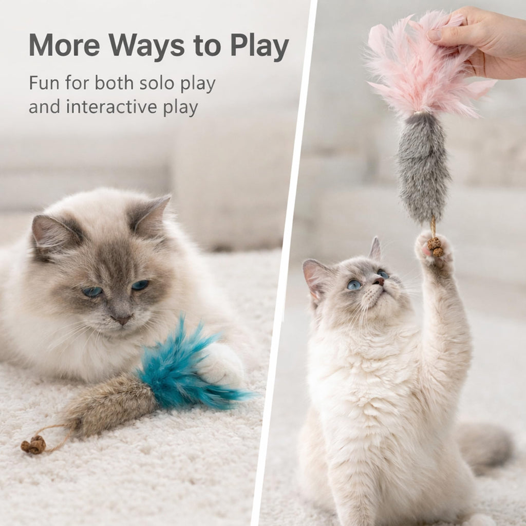 3-Pack Rabbit Fur Catnip Toys with Feathers - size and color options
