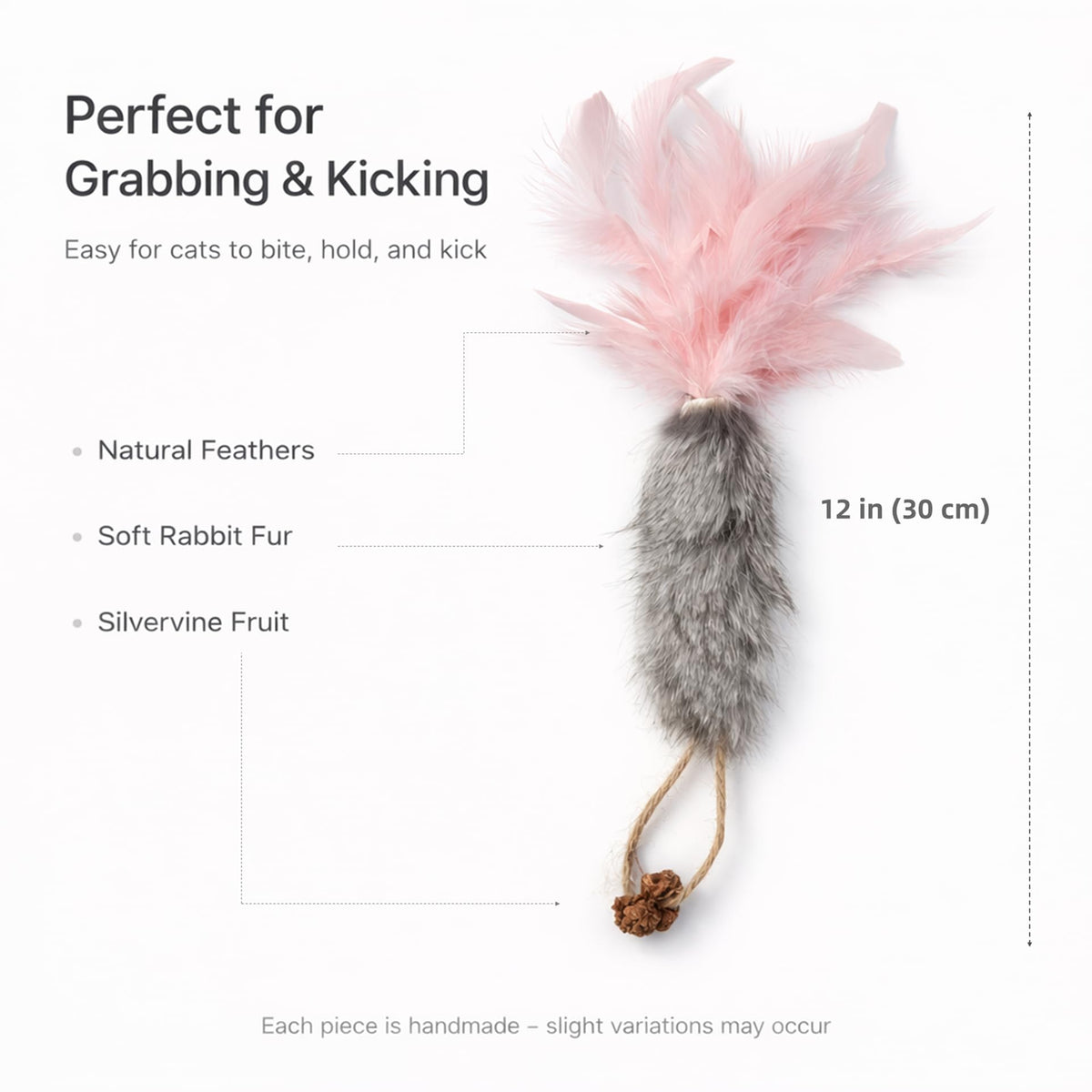 3-Pack Rabbit Fur Catnip Toys with Feathers - detail view