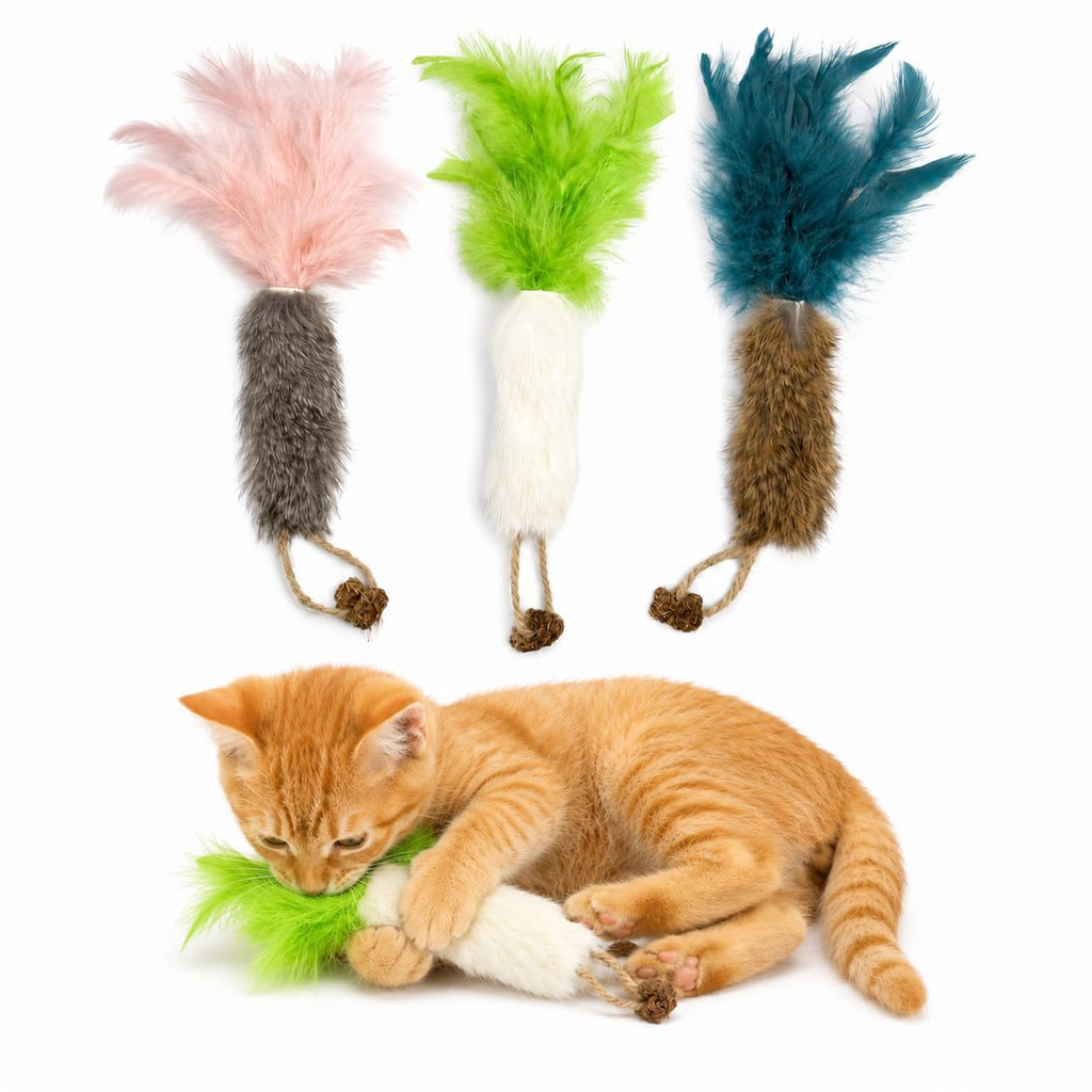3-Pack Rabbit Fur Catnip Toys with Feathers - MapleSnug product photo