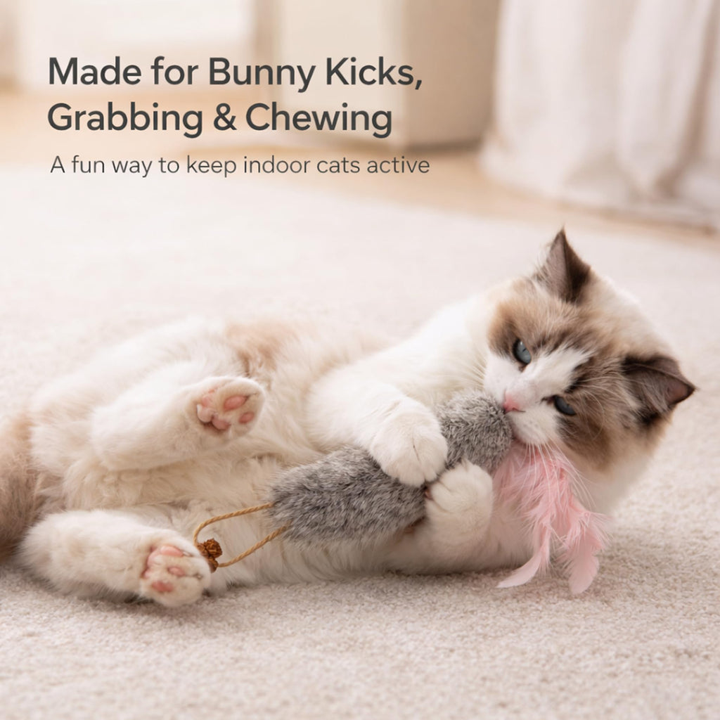 3-Pack Rabbit Fur Catnip Toys with Feathers - in use