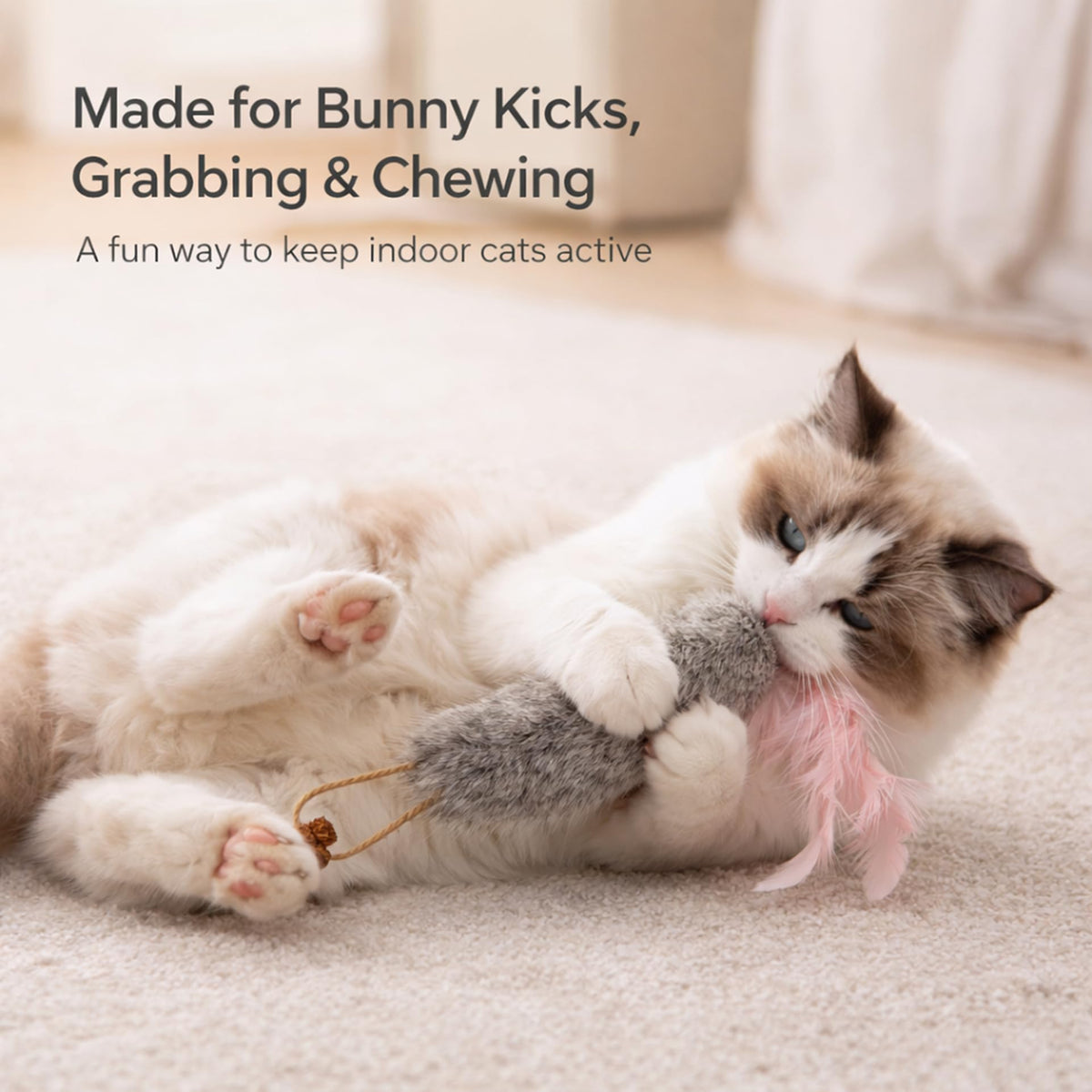 3-Pack Rabbit Fur Catnip Toys with Feathers - in use